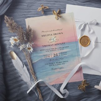 Invitación Modern Ocean Sunset Budget QR Code Wedding