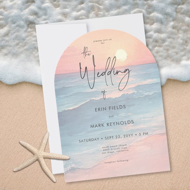Invitación Modern Ocean Sunset Watercolor Beach Arch Wedding (Modern Ocean Sunset Watercolor Beach Arch Wedding Invitation)