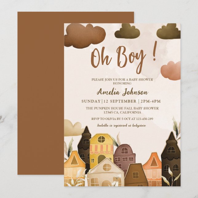 Invitación Modern Oh boy brown boho Baby Shower (Anverso / Reverso)