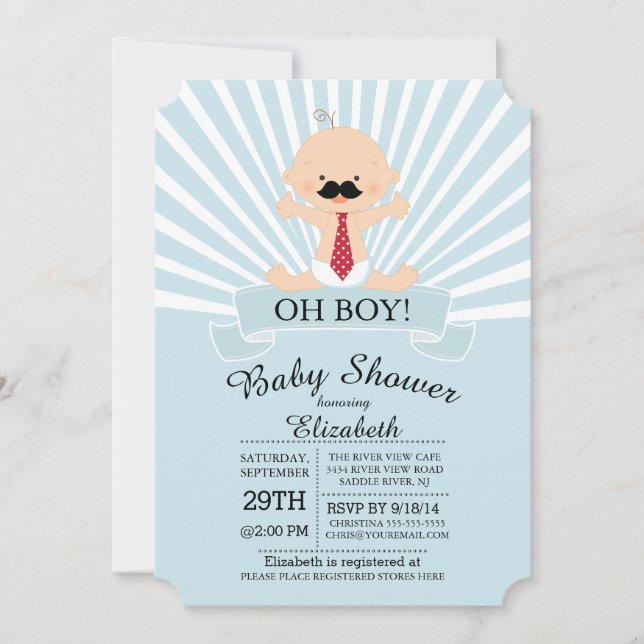 Invitación Modern Oh Boy Mustache Boys Baby Shower (Anverso)