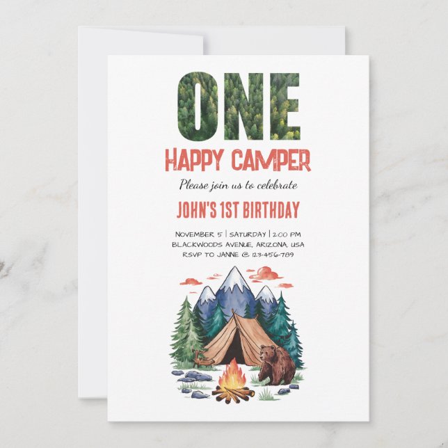Invitación Modern One Happy Camper Woodland 1ª (Anverso)