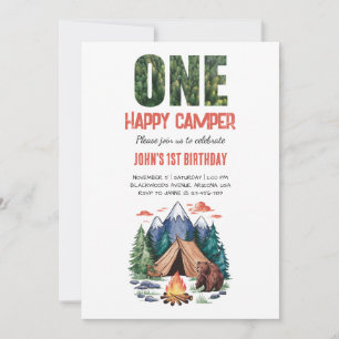 Invitación Modern One Happy Camper Woodland 1ª