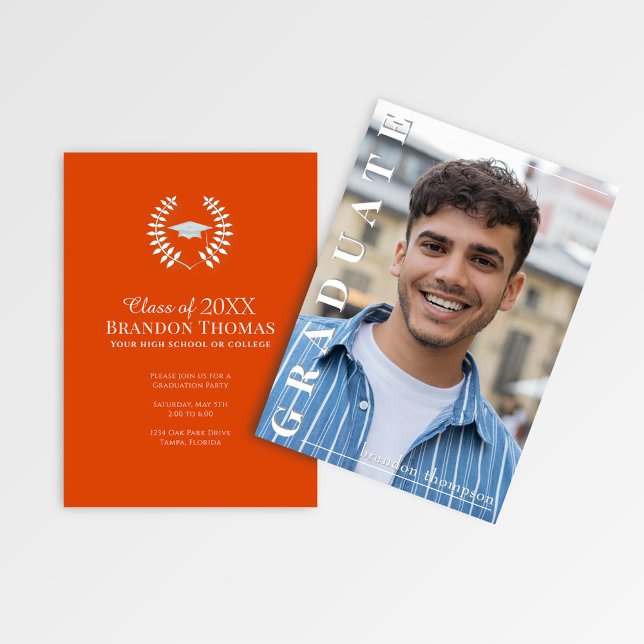 Invitación Modern Orange Vertical Name Graduation Photo Card (Class of 2026 graduation party card with orange back and elegant laureate cap design.)