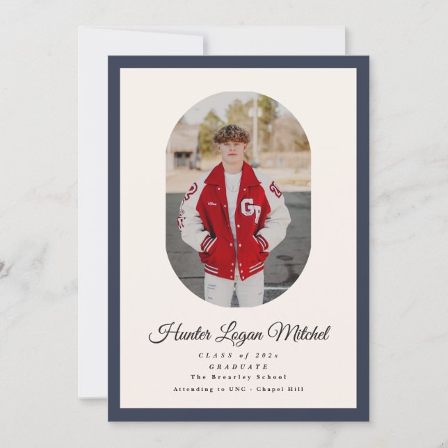 Invitación Modern Oval Blue High School Photo Graduation (Anverso)