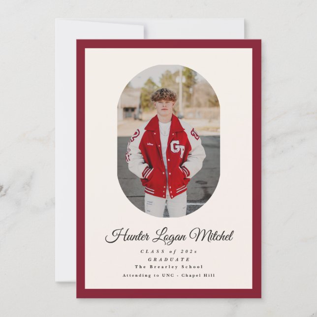 Invitación Modern Oval Red High School Photo Graduation (Anverso)