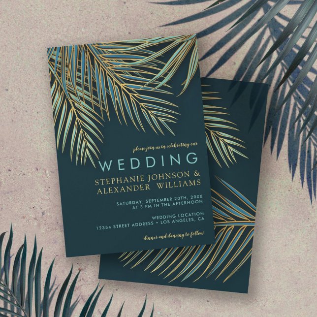 Invitación Modern Palm Gold Teal Tropical Beach Wedding (Subido por el creador)