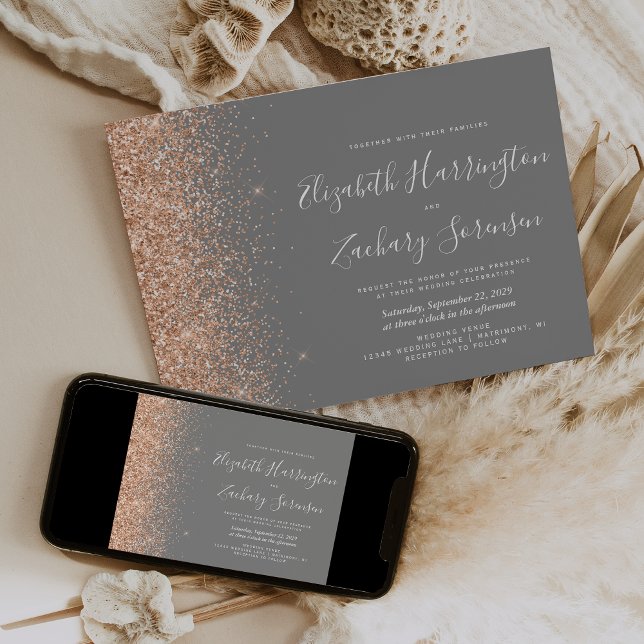 Invitación Modern Peach Glitter Gray Wedding (Subido por el creador)