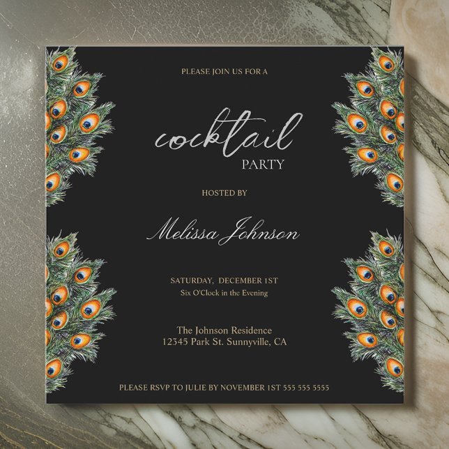 Invitación Modern Peacock Feathers Cocktail Fiesta (Subido por el creador)