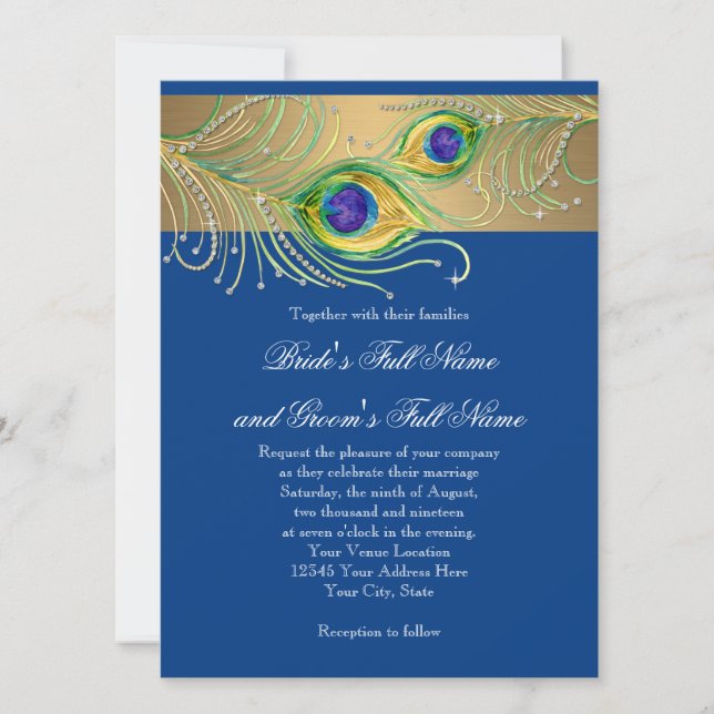 Invitación Modern Peacock Feathers Faux Jewel Scrorl (Anverso)
