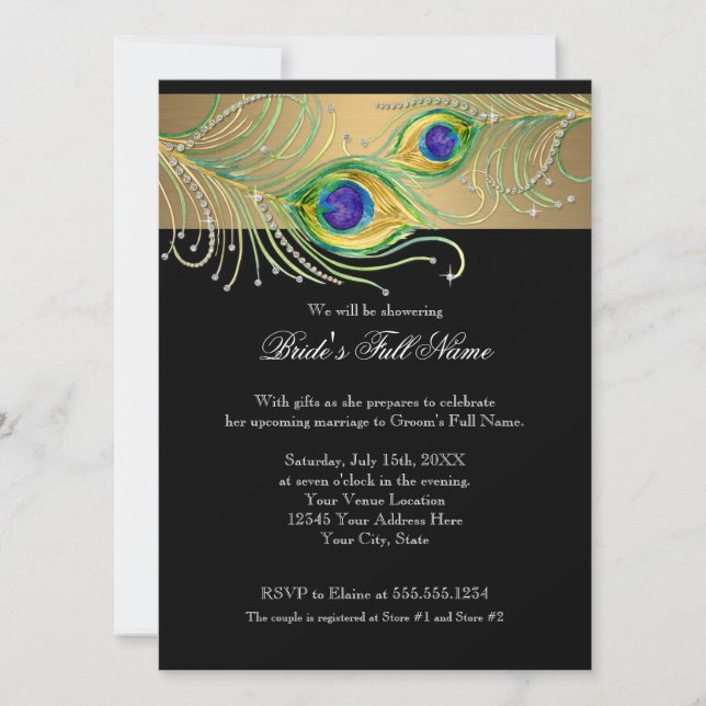 Invitación Modern Peacock Feathers Faux Jewel Scrorl (Anverso)