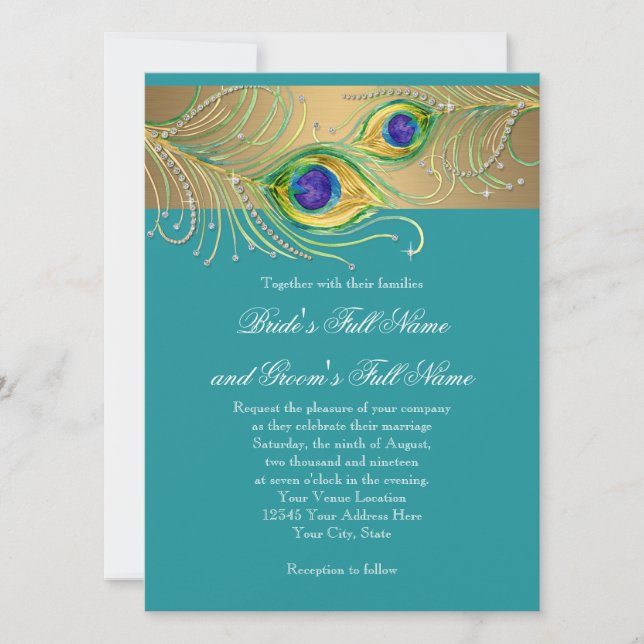 Invitación Modern Peacock Feathers Faux Jewel Scrorl (Anverso)