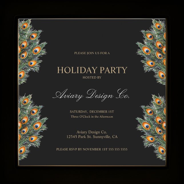 Invitación Modern Peacock Feathers Fiesta de Navidades corpor (Subido por el creador)
