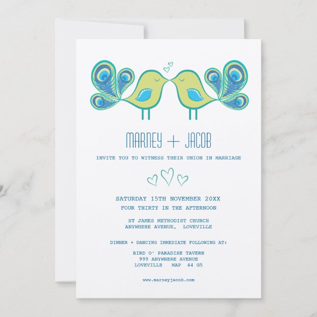 Invitación Modern Peacock Love Birds Boda Monograma (Anverso)