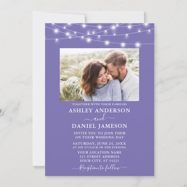 Invitación Modern Periwinkle String Lights Photo Boda (Anverso)