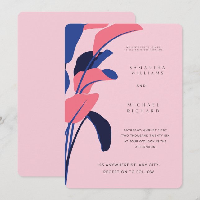 Invitación Modern Pink and Navy Tropical Leaf Wedding Invitat (Anverso / Reverso)