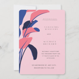 Invitación Modern Pink and Navy Tropical Leaf Wedding Invitat
