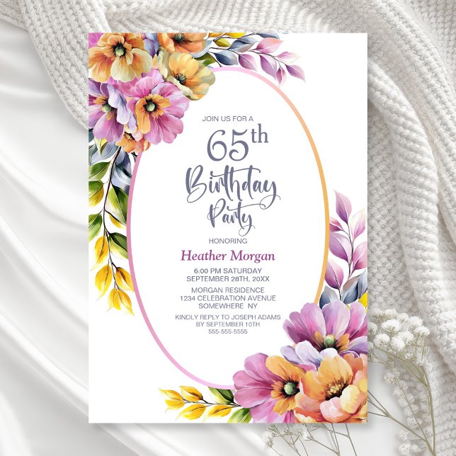 Invitación Modern Pink and Orange Floral 65th Birthday Party (Subido por el creador)
