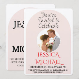 Invitación Modern Pink Arch Wedding Photo Invite with QR Code