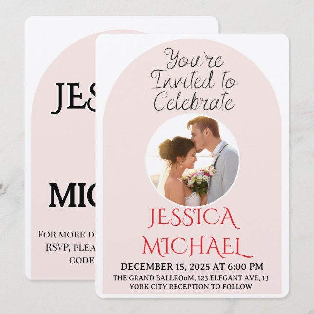 Invitación Modern Pink Arch Wedding Photo Invite with QR Code (Anverso / Reverso)