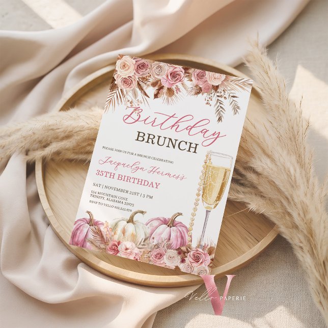 Invitación Modern Pink Boho Pumpkin Autumn Birthday Brunch  (Subido por el creador)
