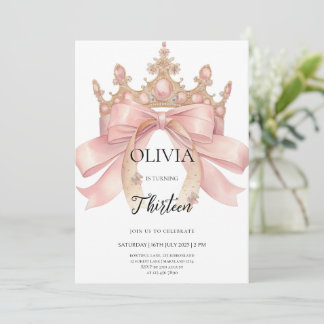 Invitación Modern pink bow and crown birthday party 