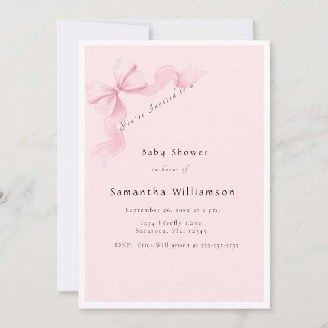Invitación Modern Pink Bow Coquette Baby Shower (Anverso)