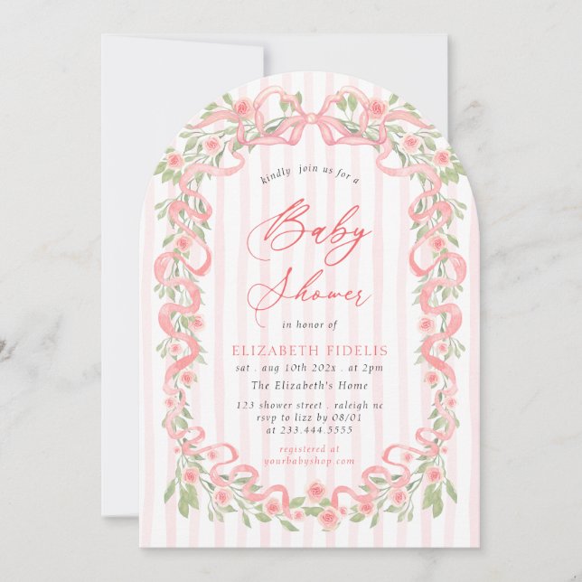 Invitación Modern Pink Bow Floral Roses Arch Baby Shower (Anverso)