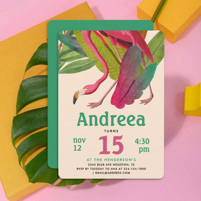 Invitación Modern Pink Flamingo Green Tropical Summer Leaves (Subido por el creador)