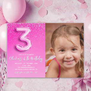Invitación Modern Pink Glitter Balloon 3rd Birthday Photo 