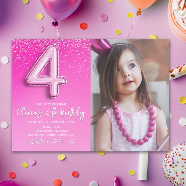 Invitación Modern Pink Glitter Balloon 4th Birthday Photo  (Subido por el creador)