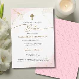 Invitación Modern Pink Gold Cross Girl Baptism Bautizo