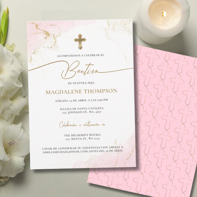 Invitación Modern Pink Gold Cross Girl Baptism Bautizo (Subido por el creador)