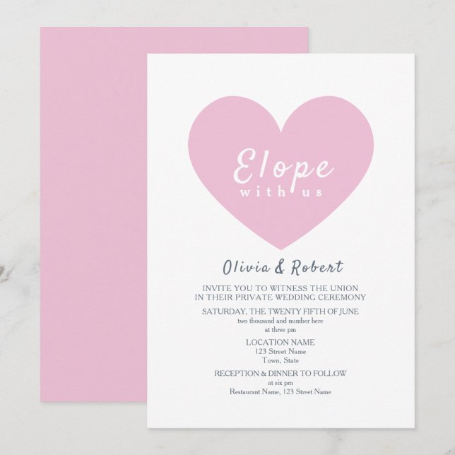Invitación Modern Pink Heart Elopement Wedding (Anverso / Reverso)