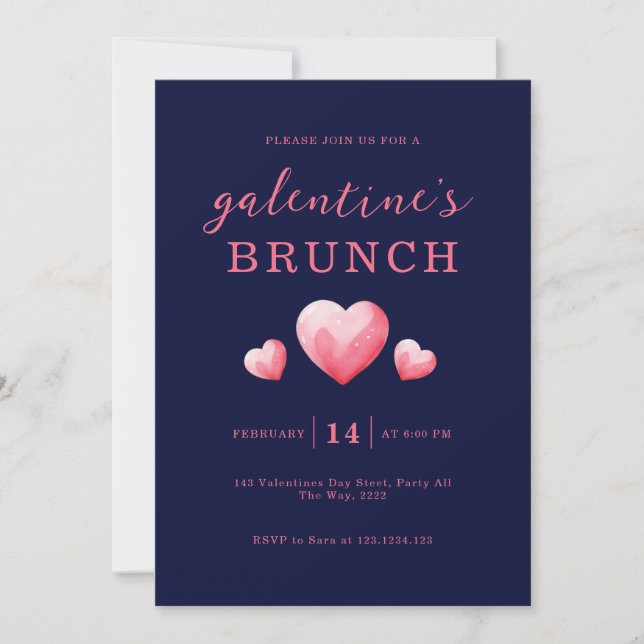 Invitación Modern Pink Hearts Galentine's Day Brunch (Anverso)
