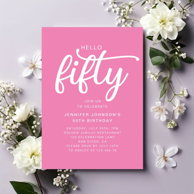 Invitación Modern Pink Hello 50th Birthday (Modern Pink Hello 50th Birthday Invitation)
