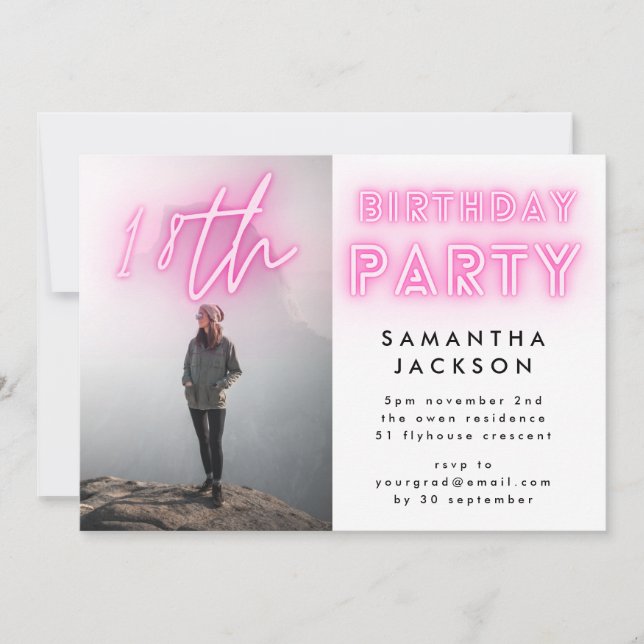 Invitación Modern Pink Neon Lights 18th Birthday Party Photo (Anverso)