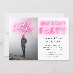 Invitación Modern Pink Neon Lights 18th Birthday Party Photo
