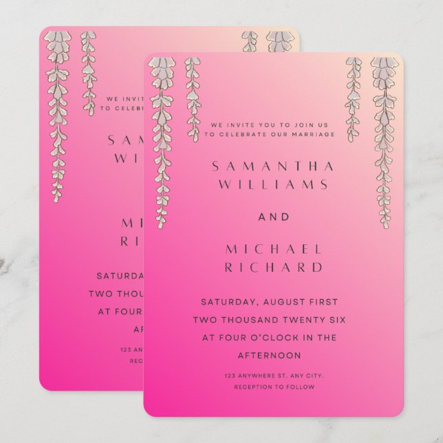 Invitación Modern Pink Ombre Wisteria Wedding Invitation - Cu (Anverso / Reverso)