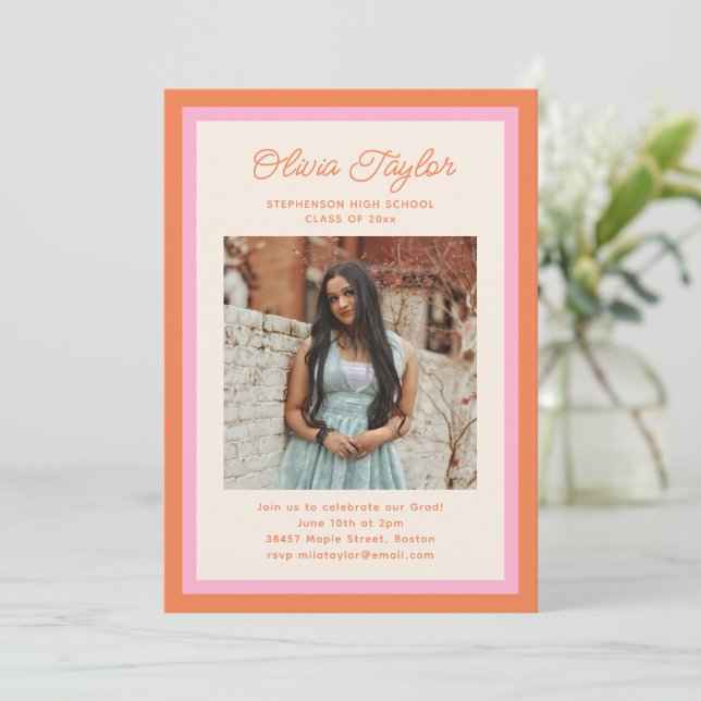 Invitación Modern Pink Orange Border Photo Graduation Party (Anverso de pie)