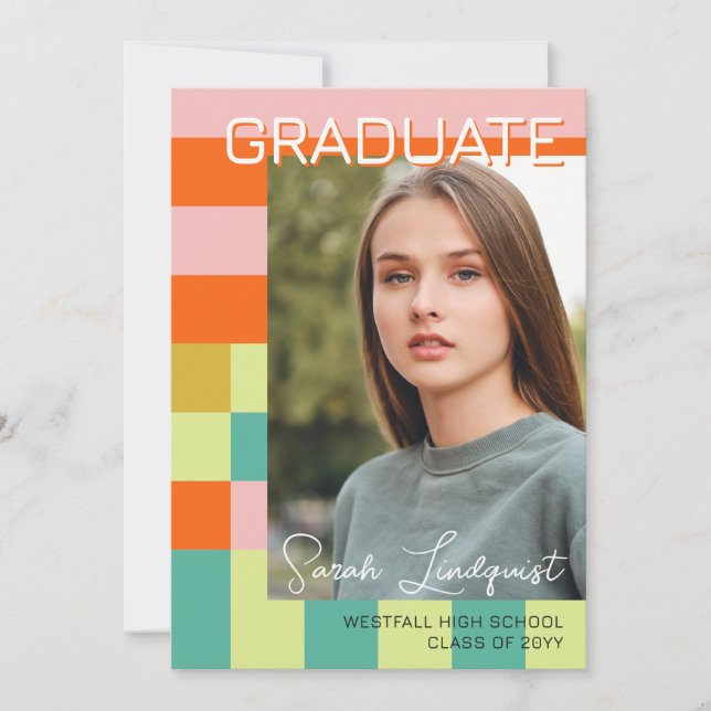 Invitación Modern Pink Orange Color Blocks Photo Graduation (Anverso)