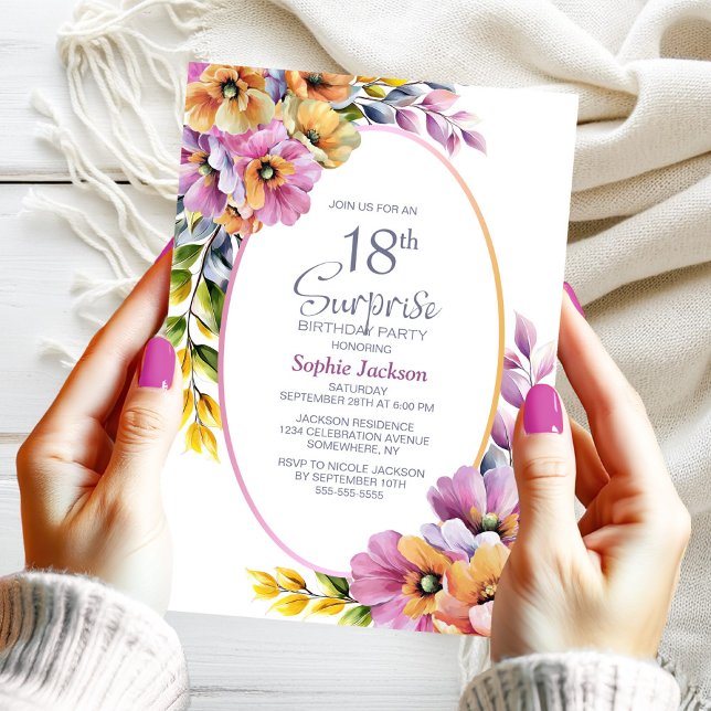 Invitación Modern Pink Orange Floral Surprise 18th Birthday (Subido por el creador)