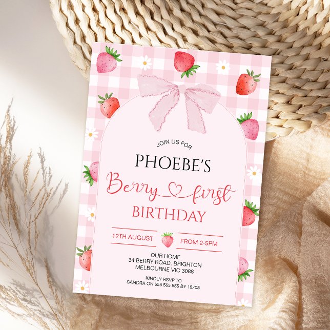 Invitación Modern Pink Plaid Arch Berry First Birthday (Berry First Birthday Invitation, Berry First Birthday Invite, Strawberry First Birthday Invitation )