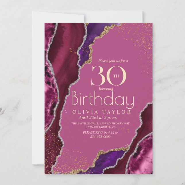 Invitación Modern Pink Purple agate gold 30th Birthday Fiesta (Anverso)