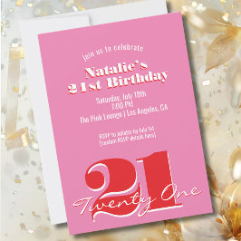 Invitación Modern Pink Red Minimalist 21st Birthday