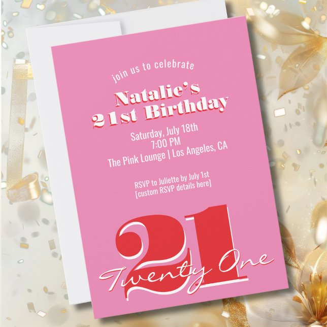 Invitación Modern Pink Red Minimalist 21st Birthday (Subido por el creador)