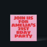 Invitación Modern Pink Red Photo Playful Bold Birthday 21st<br><div class="desc">This bold birthday invitation features oversized red block lettering on a bright pink background for a fun, modern look that stands out instantly. The playful layout and casual typography make it perfect for a lively 21st celebration or any upbeat birthday party. Ideal for anyone who wants an invite with color,...</div>