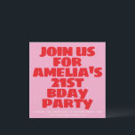 Invitación Modern Pink Red Photo Playful Bold Birthday 21st<br><div class="desc">This bold birthday invitation features oversized red block lettering on a bright pink background for a fun, modern look that stands out instantly. The playful layout and casual typography make it perfect for a lively 21st celebration or any upbeat birthday party. Ideal for anyone who wants an invite with color,...</div>