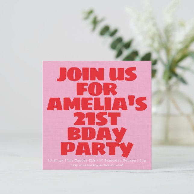 Invitación Modern Pink Red Photo Playful Bold Birthday 21st (Anverso de pie)