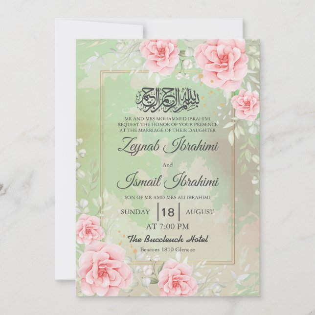 Invitación Modern Pink Roses, Gold Islamic Muslim Wedding (Anverso)