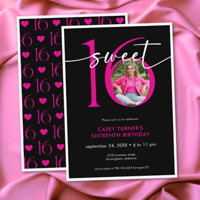 Invitación Modern Pink Sweet Sixteen Script Photo Birthday (Modern Pink Sweet Sixteen Script Photo Birthday Invitation)